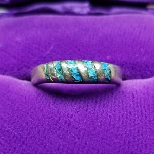 Vintage Sterling Silver Blue Inlaid Band Ring, Size 5 Band, Made in Mexico